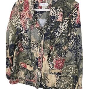 CJ Banks Jean Jacket Womens 1X Olive Tan Paisley Buttons Peasant Cottage Boho
